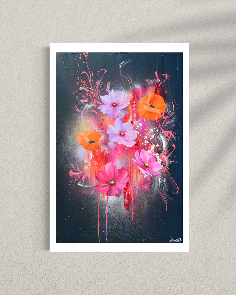 A 'Drama Tropicana' Fine Art Print by Jasmine Marshall, framed in black/oak. Premium Giclée print features white orange poppies and pink and purple flower on an abstract navy background, featured in a gallery.