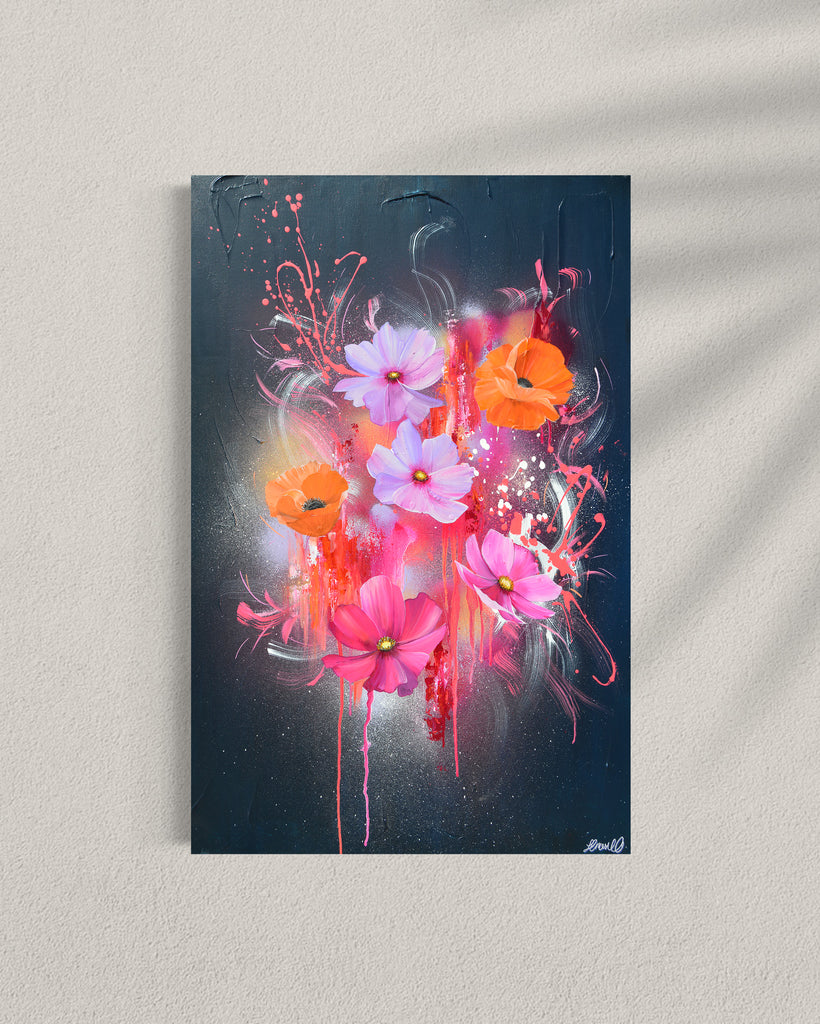 'Drama Tropicana' original painting on a cotton canvas by Jasmine Marshall, framed in black/oak. Features orange poppies and pink and purple flower on an abstract navy background and neon pink, featured in a gallery.