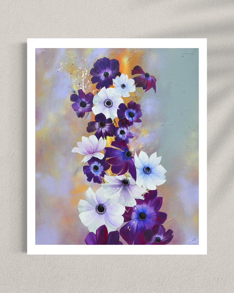 ‘Flourish' Fine Art Print by Jasmine Marshall, framed in black/oak. Premium Giclée print features white and purple anemone flowers on a grey and lilac abstract background, featured in a gallery.