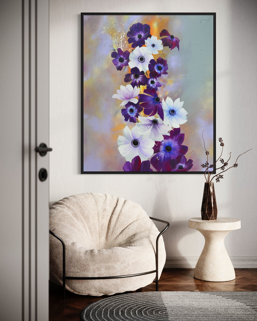 'Flourish' original painting on a cotton canvas by Jasmine Marshall, framed in black/oak. Features white and purple anemone flowers on a grey and lilac abstract background, featured in a neutral home interior.