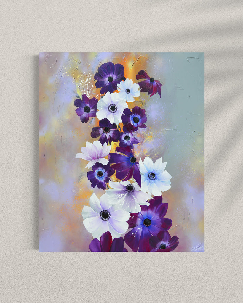 'Flourish' original painting on a cotton canvas by Jasmine Marshall, framed in black/oak. Features white and purple anemone flowers on a grey and lilac abstract background, featured in a gallery.