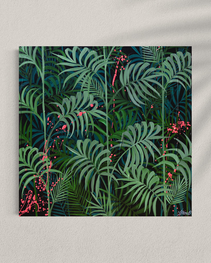 'Forever Green' original painting on a cotton canvas by Jasmine Marshall, framed in black/oak. Features layers of palm leaves on a black background with pops on neon pink.  Displayed in a gallery.