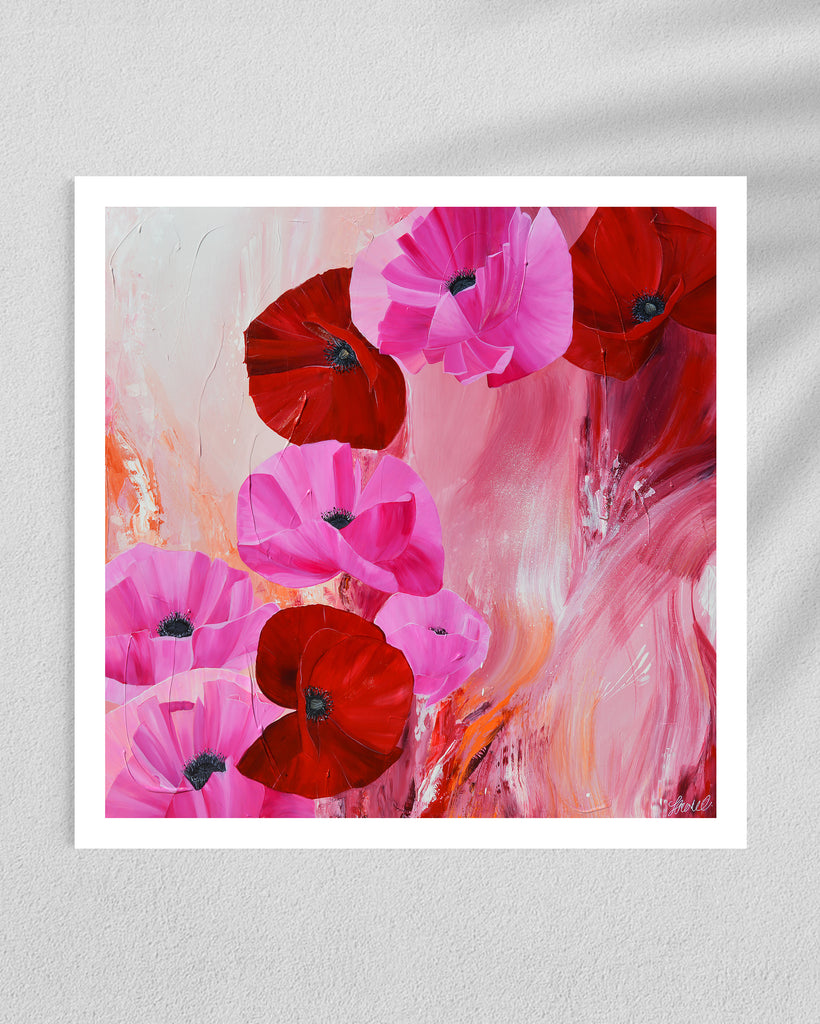 ‘It’s a Forever Thing' Fine Art Print by Jasmine Marshall, framed in black/oak. Premium Giclée print features pink and red poppies on an abstract background with pops of orange.  Displayed in a gallery..