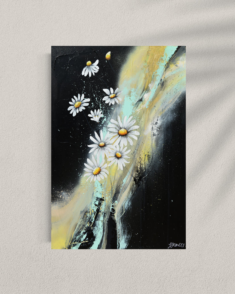 'Light in the Darkness' original painting on a cotton canvas by Jasmine Marshall, framed in black/oak. Features white daisies on a black abstract background. Displayed in a gallery.