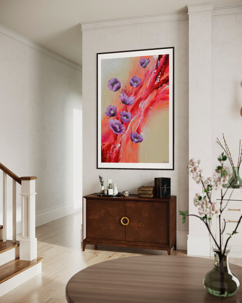 ‘Making Memories' Fine Art Print by Jasmine Marshall, framed in black/oak. Premium Giclée print features purple poppies on a cream and red abstract background.  Displayed in a neutral home interior with wooden table.