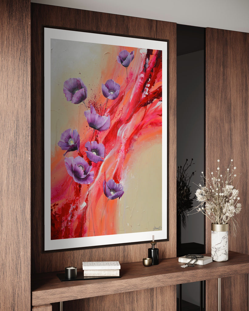 ‘Making Memories' Fine Art Print by Jasmine Marshall, framed in black/oak. Premium Giclée print features purple poppies on a cream and red abstract background.  Displayed on a wooden wall.