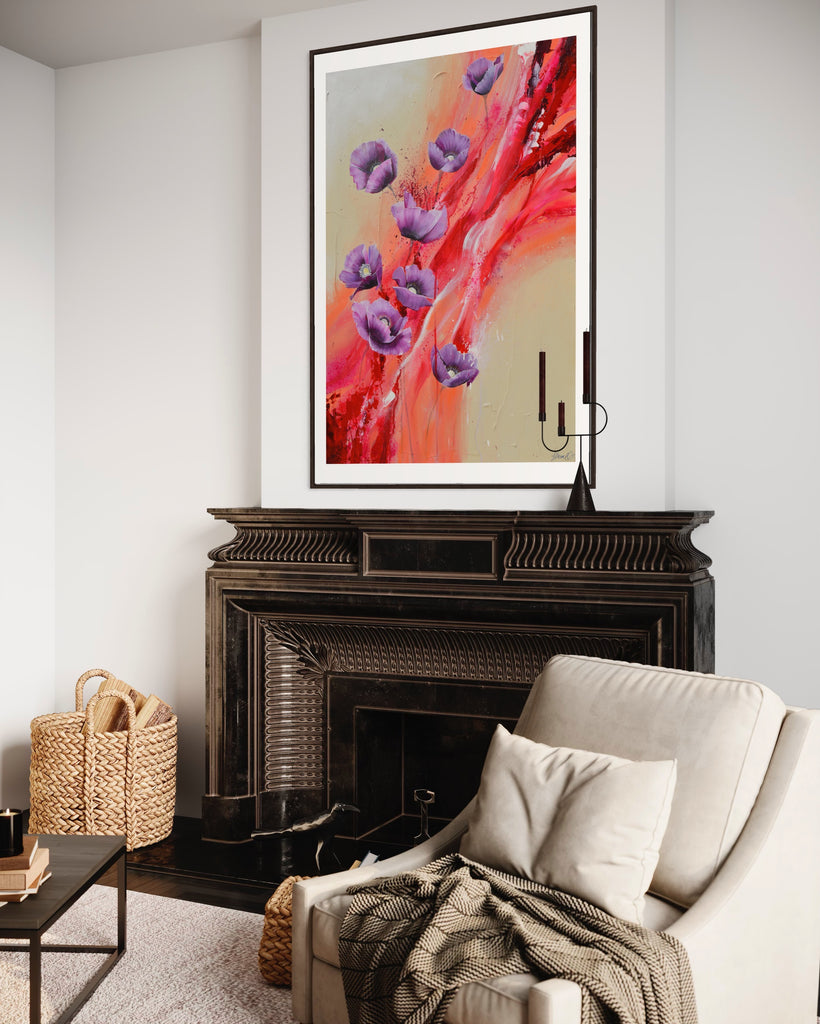 ‘Making Memories' Fine Art Print by Jasmine Marshall, framed in black/oak. Premium Giclée print features purple poppies on a cream and red abstract background.  Displayed in a neutral home interior above a black fire place.