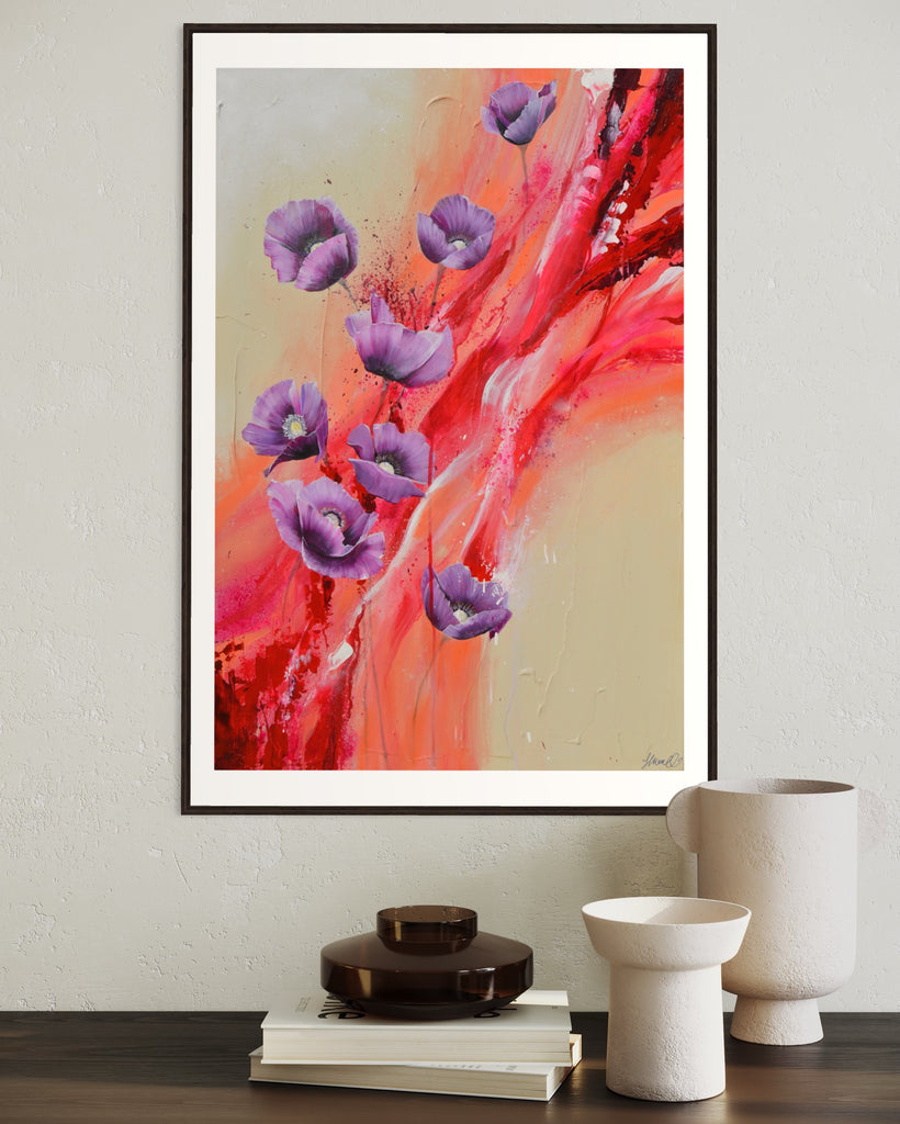 ‘Making Memories' Fine Art Print by Jasmine Marshall, framed in black/oak. Premium Giclée print features purple poppies on a cream and red abstract background.  Displayed in a neutral home interior with candles and books.