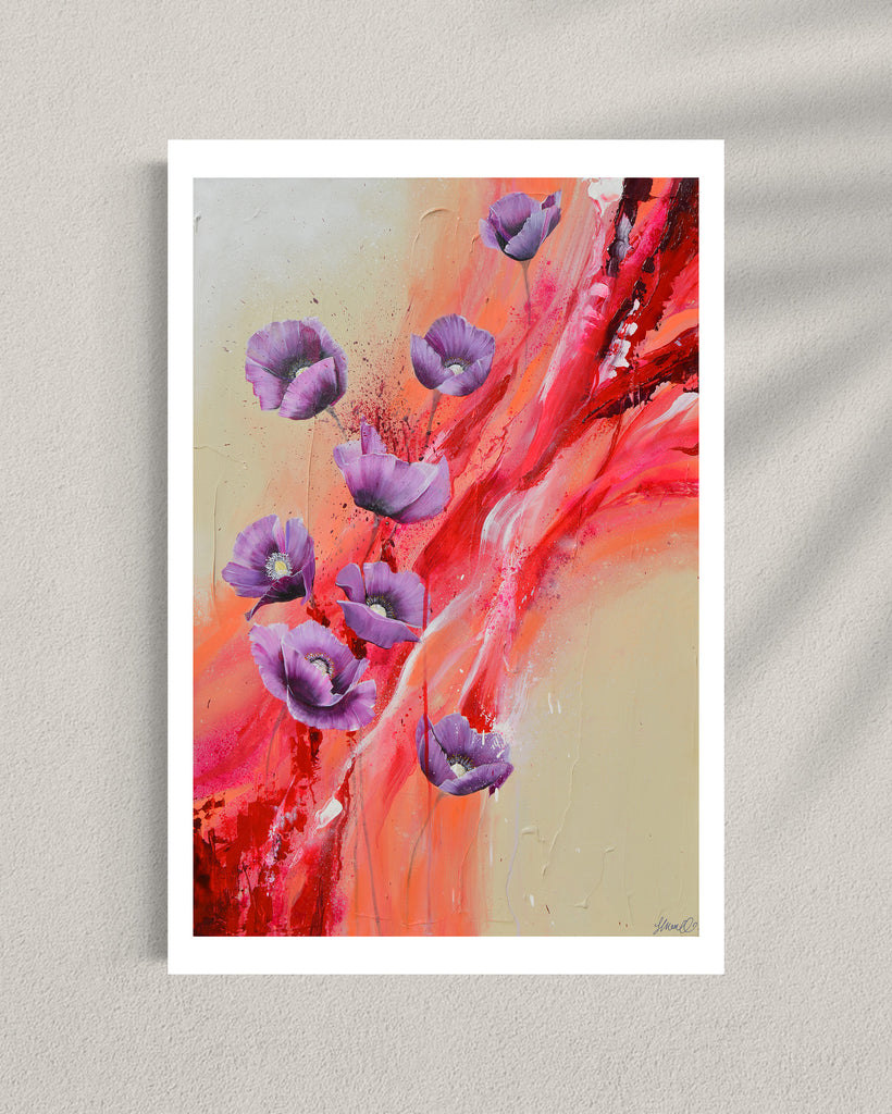 ‘Making Memories' Fine Art Print by Jasmine Marshall, framed in black/oak. Premium Giclée print features purple poppies on a cream and red abstract background.  Displayed in a gallery.