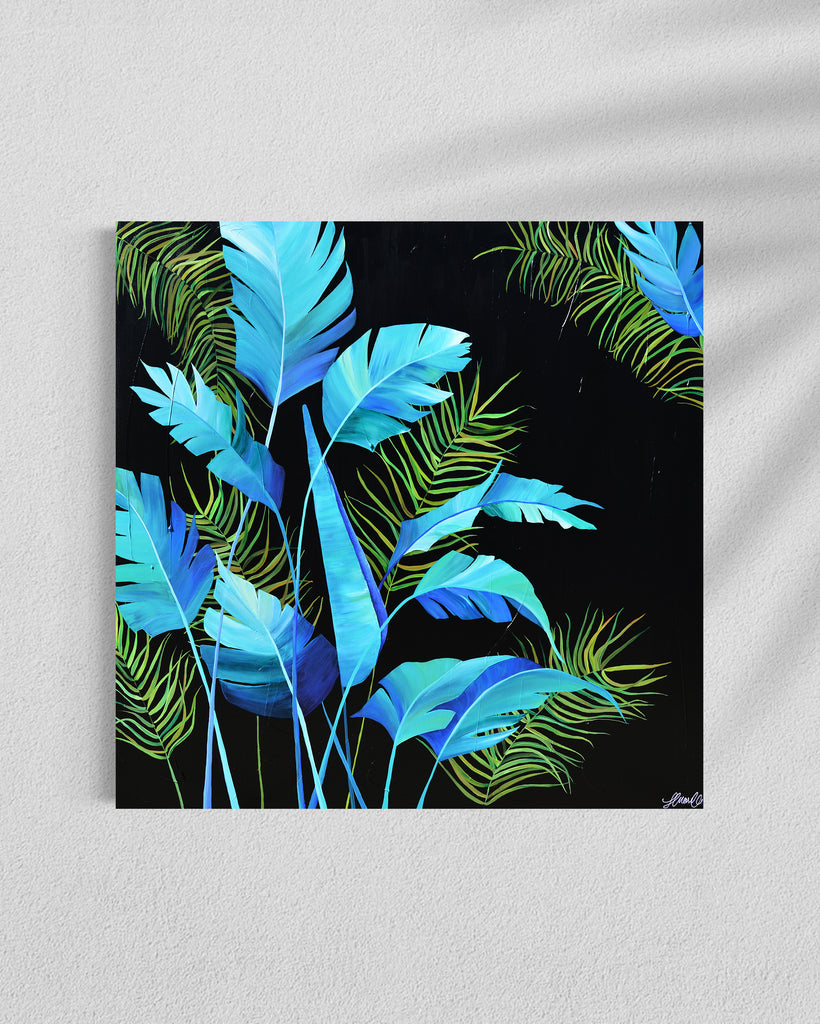 'Midnight Jungle' original painting on a cotton canvas by Jasmine Marshall, framed in black/oak. Features turquoise palm leaves on a black background. Displayed in a gallery.