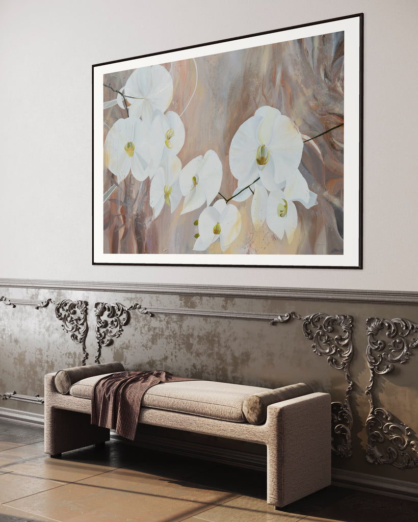 ‘Natural Elegance' Fine Art Print by Jasmine Marshall, framed in black/oak. Premium Giclée print features white orchids on a neutral brown, beige abstract background. Displayed in a neutral home interior.