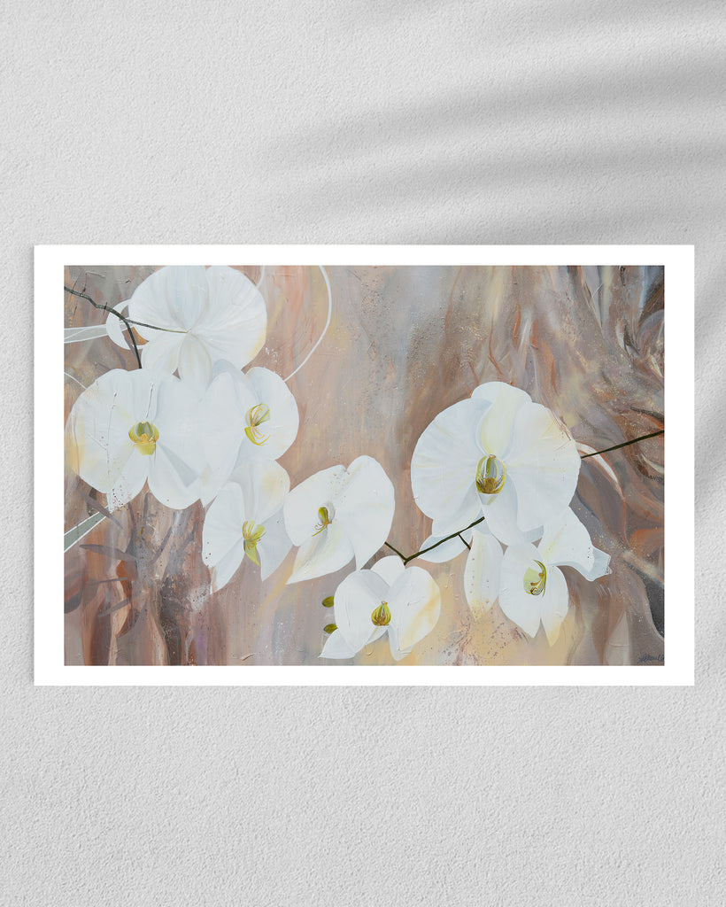 ‘Natural Elegance' Fine Art Print by Jasmine Marshall, framed in black/oak. Premium Giclée print features white orchids on a neutral brown, beige abstract background. Displayed in a gallery.