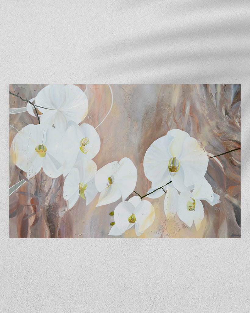 'Natural Elegance' original painting on a cotton canvas by Jasmine Marshall, framed in black/oak. Features white orchids on a neutral brown, beige abstract background. Displayed in a galllery..