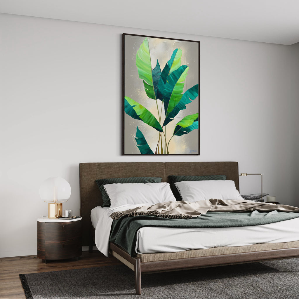 Rainforest Glow original painting by Jasmine Marshall Art in a bedroom