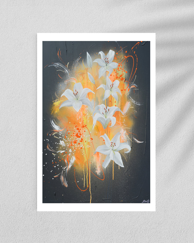 ‘Sweet Pollen' Fine Art Print by Jasmine Marshall, framed in black/oak. Premium Giclée print features white lilies on a grey textured background with pops of neon orange. Displayed in a gallery.