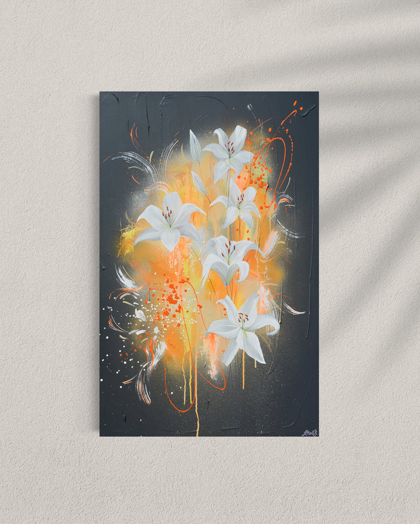 'Sweet Pollen' original painting on a cotton canvas by Jasmine Marshall, framed in black/oak. Features white lilies on a grey textured background with pops of neon orange. Displayed in a gallery.