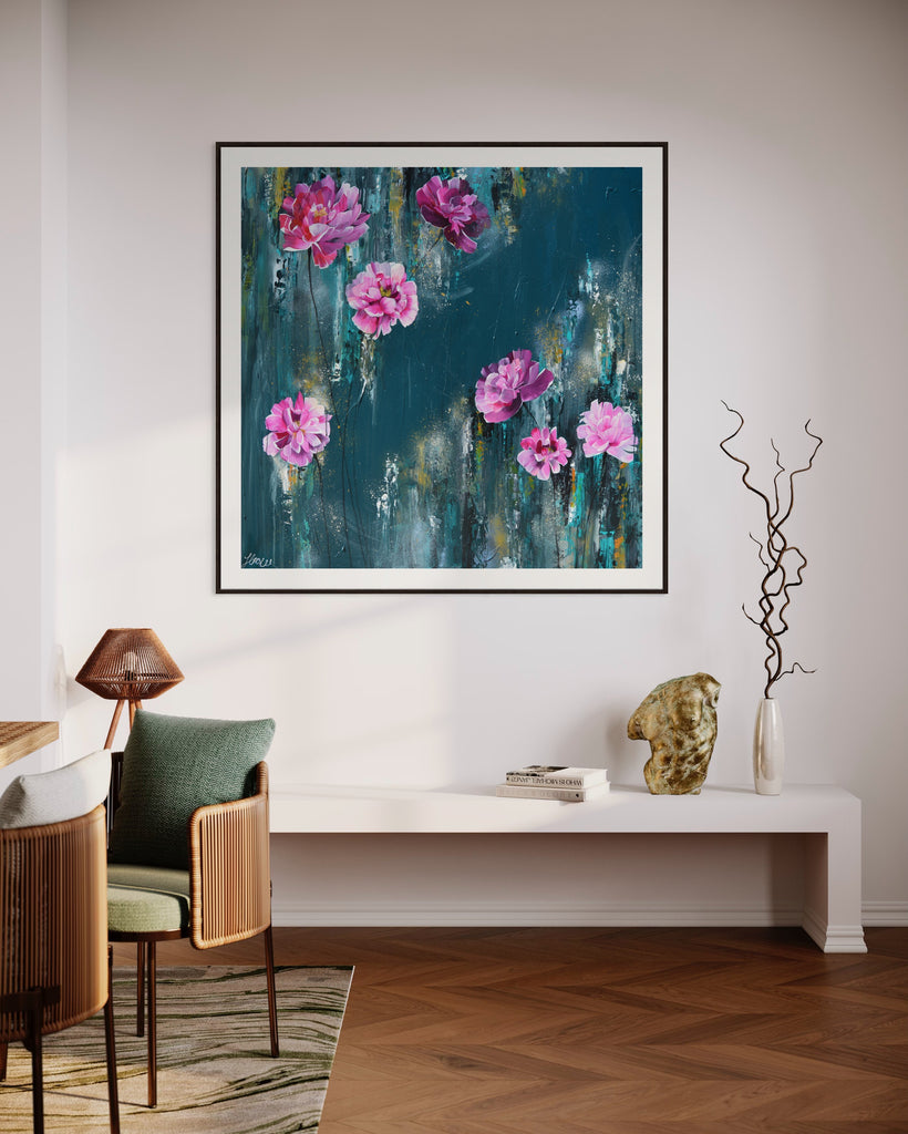 ‘The Other Side' Fine Art Print by Jasmine Marshall, framed in black/oak. Premium Giclée print features pink peonies on a teal background. Displayed in a neutral home interior.