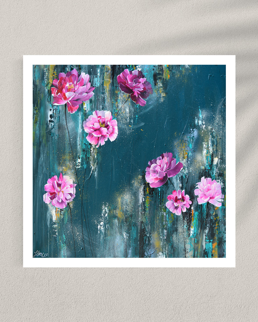 ‘The Other Side' Fine Art Print by Jasmine Marshall, framed in black/oak. Premium Giclée print features pink peonies on a teal background. Displayed in a gallery.