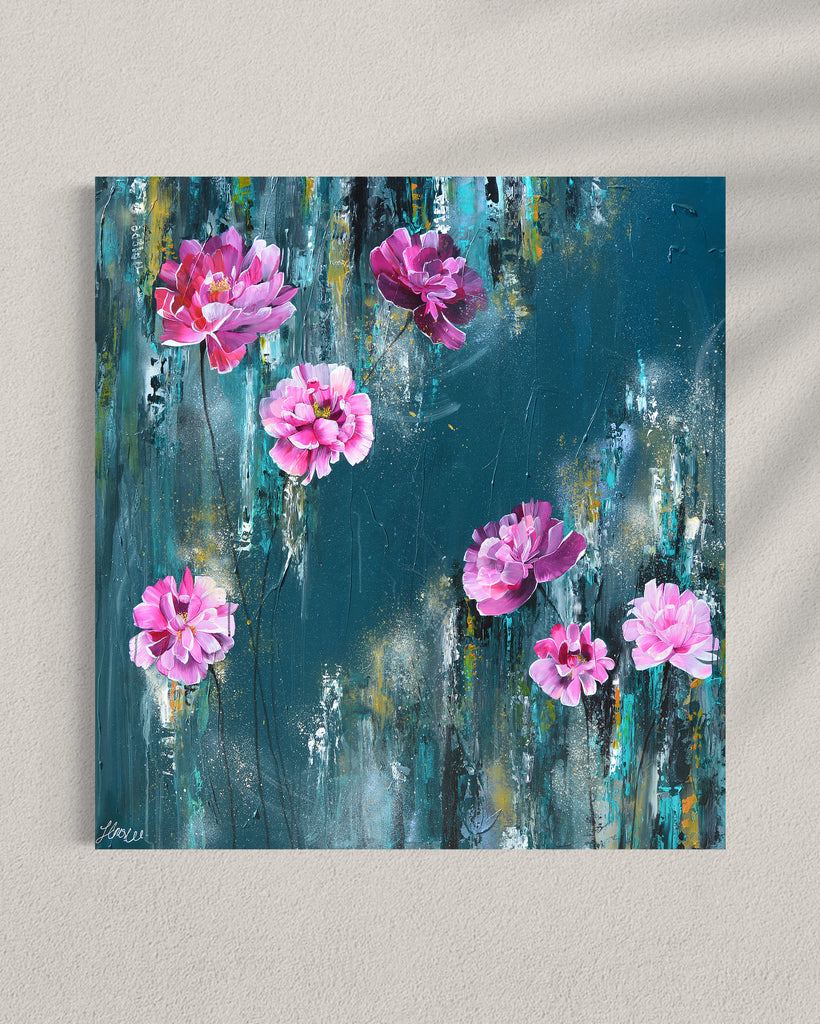 'The Other Side' original painting on a cotton canvas by Jasmine Marshall, framed in black/oak. Features pink peonies on a teal background. Displayed in a gallery.