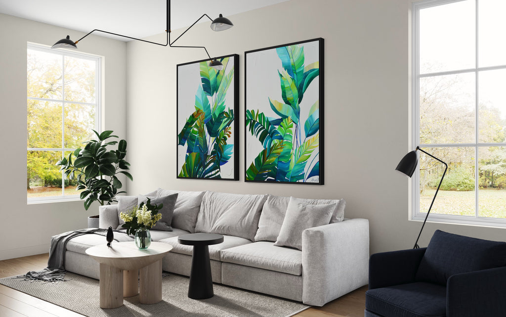 Tropic Duo original paintings by Jasmine Marshall in a neutral living room 