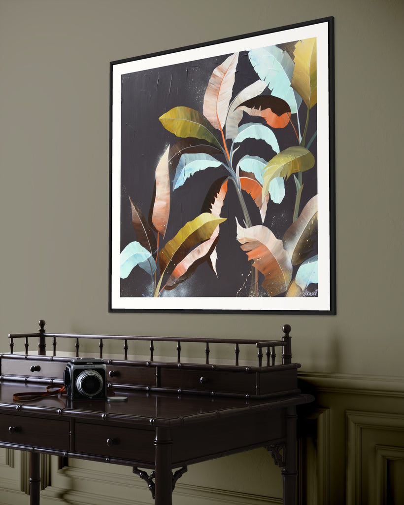 ‘Under the Canopy' Fine Art Print by Jasmine Marshall, framed in black/oak. Premium Giclée print features a palm tree on a brown background with abstract details. Displayed on a green wall.