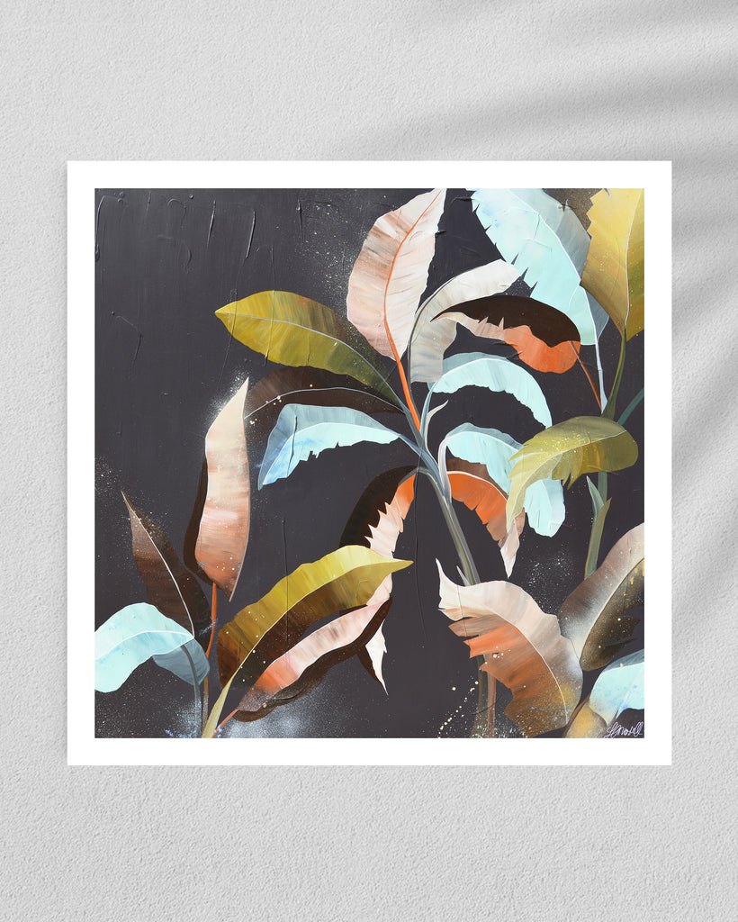 ‘Under the Canopy' Fine Art Print by Jasmine Marshall, framed in black/oak. Premium Giclée print features a palm tree on a brown background with abstract details. Displayed in a gallery.