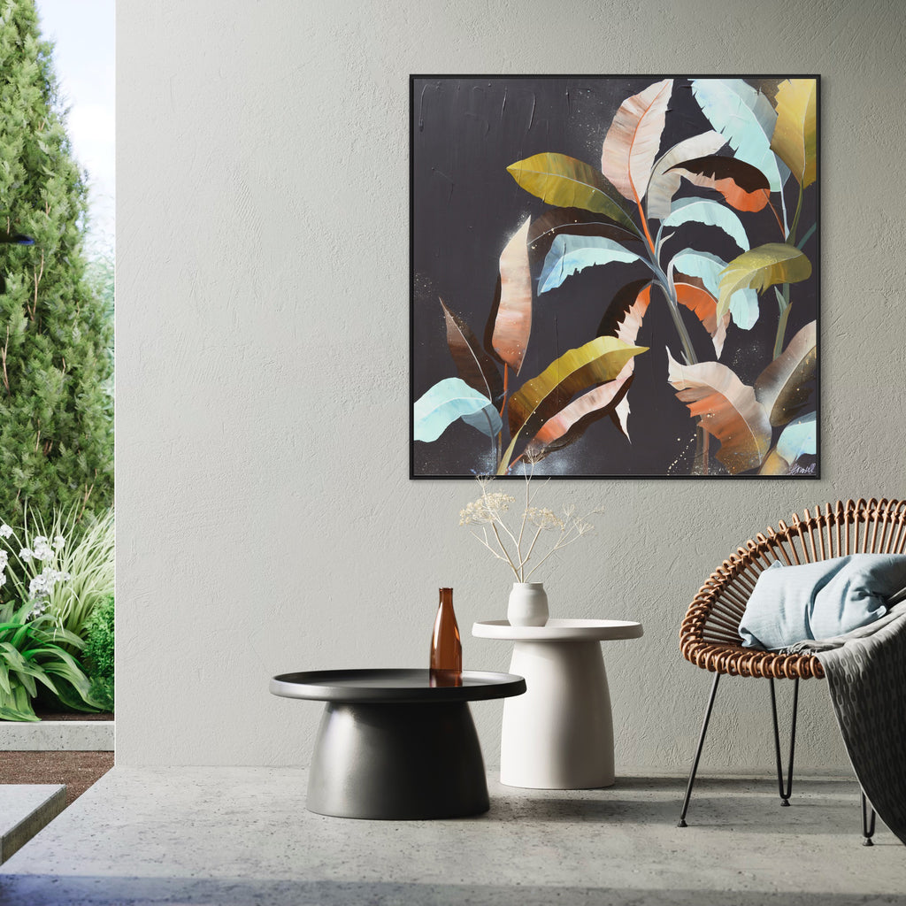 Under the canopy original painting by Jasmine Marshall Art framed in black in a garden