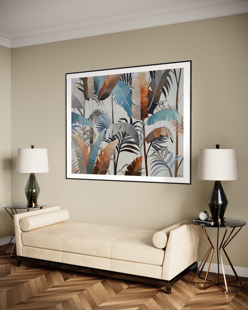 ‘Virgin Forest' Fine Art Print by Jasmine Marshall, framed in black/oak. Premium Giclée print features brown, blue, black leaves on a neutral background. Displayed in a neutral home interior with a cream sofa.