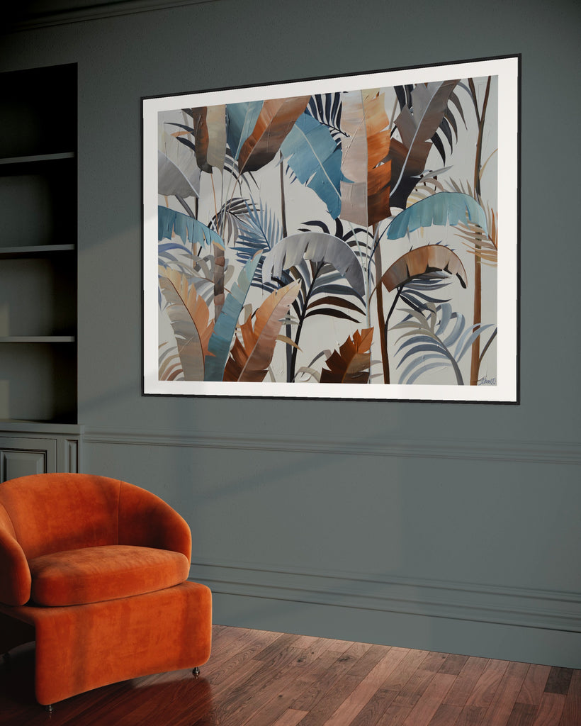 ‘Virgin Forest' Fine Art Print by Jasmine Marshall, framed in black/oak. Premium Giclée print features brown, blue, black leaves on a neutral background. Displayed on a blue wall with an orange chair.