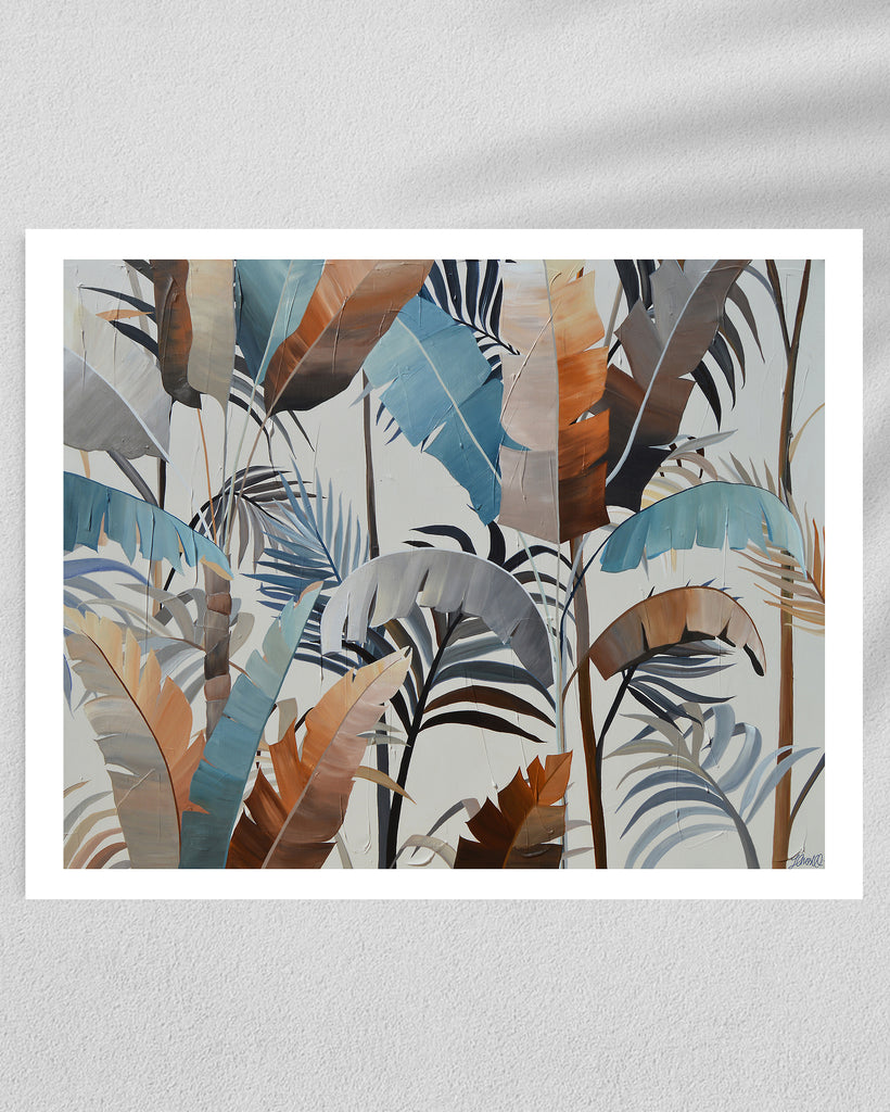 ‘Virgin Forest' Fine Art Print by Jasmine Marshall, framed in black/oak. Premium Giclée print features brown, blue, black leaves on a neutral background. Displayed in a gallery.