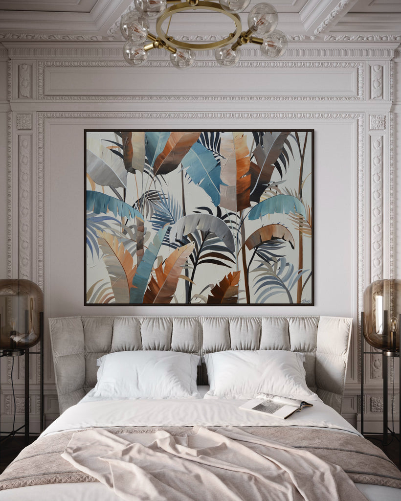 'Virgin Forest’ original painting on a cotton canvas by Jasmine Marshall, framed in black/oak. Features brown, blue, black leaves on a neutral background. Displayed in a neutral bedroom.