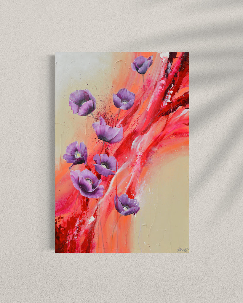 'Making Memories' original painting on a cotton canvas by Jasmine Marshall, framed in black/oak. Features purple poppies on a cream and red abstract background. Displayed in a gallery.