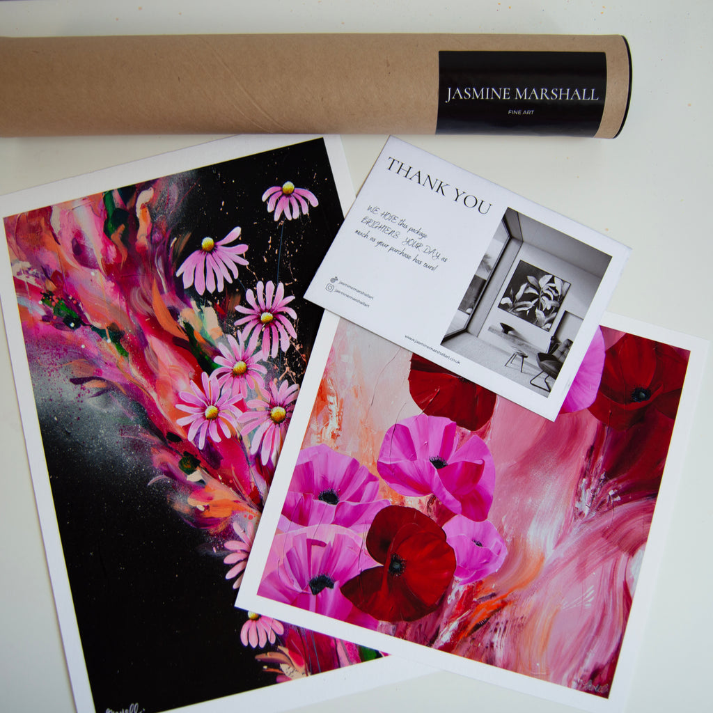 fine art print of poppies and daisy flowers by Jasmine Marshall with packaging.